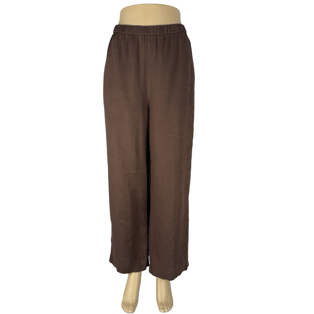 Eileen Fisher Womens Large Pants Organic Linen Wide Leg High Waist Brown Pockets - Picture 2 of 9